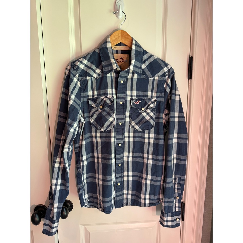 Hollister Mens Blue White Plaid Western Snap Front Long Sleeve Shirt Size M